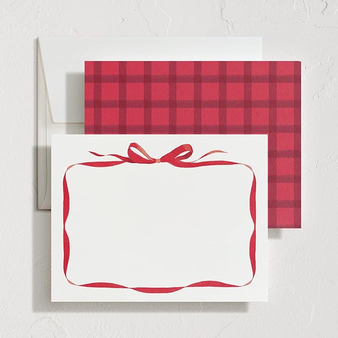 Minted Bow Stationery Cards, 10 Count, Blank Cards and Envelopes For Thank You Notes, Holiday Greeting, Invitations & Handwritten Messages, Note Cards & Stationery Set, Gifts for Women, Red Bow Theme