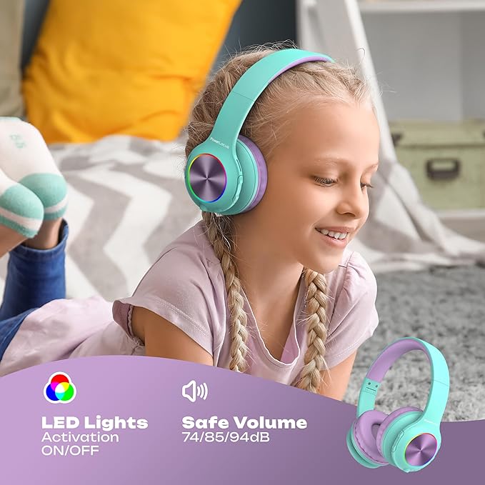 PowerLocus PLED Kids Bluetooth Headphones, Kids Wireless Headphones with LED Lights, 74/85/94dB Safe Volume, Micro SD, AUX Cable, Hi-Fi Stereo, Built-in Mic Over Ear Kid Headphone for Travel/Tablet/PC