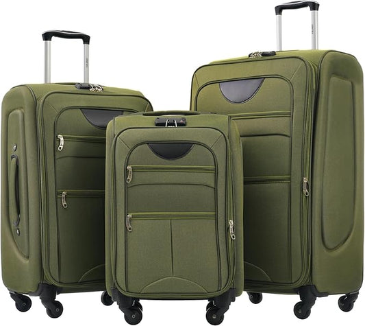 Merax Softside Luggage Set Softshell Lightweight 3 Piece Spinner Suitcase 22" 26" 30" Army Green