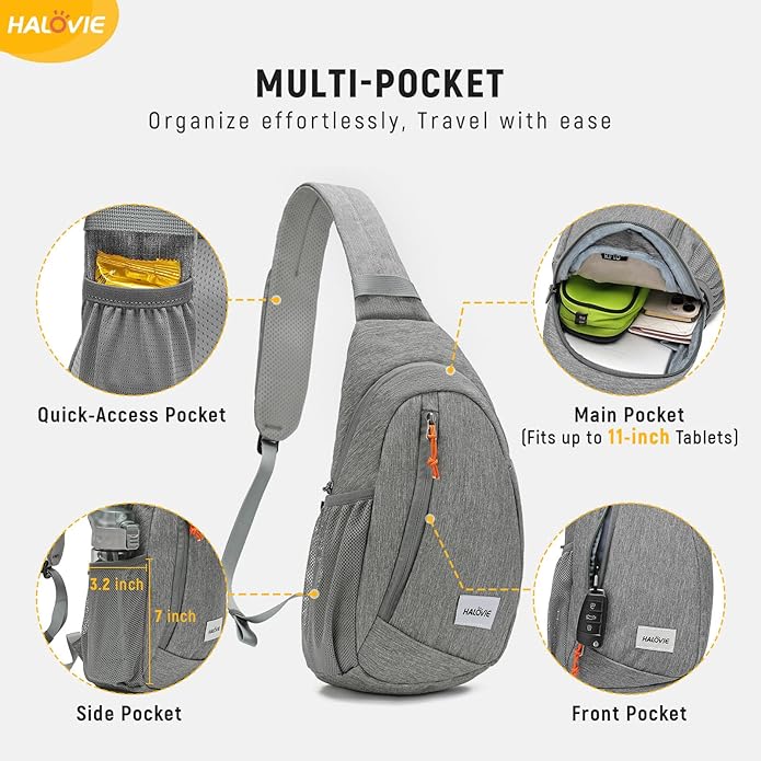 HALOVIE Anti Theft Crossbody Sling Bag RFID Travel Sling Backpack Lightweight Hiking Shoulder Chest Bag for Walking Work