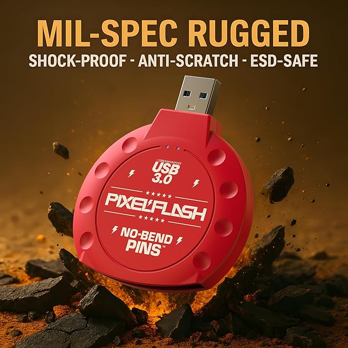 PixelFlash CF Card Reader (Red) - Compact Flash Memory Card Adapter with USB 3.0, 5GB/s File Transfer, No-Bend Pins, Supports UDMA-7, Anti-Slip & Anti-Scratch, Compatible with Most Brands & OS