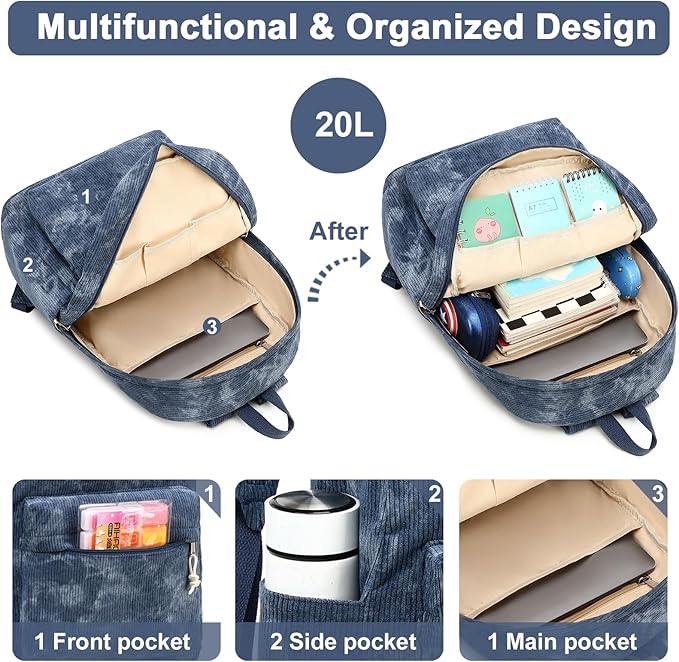 School Backpack for Teens Large Corduroy Bookbag Lightweight 15.6 inch Laptop Bag for Girls Women Casual High School College