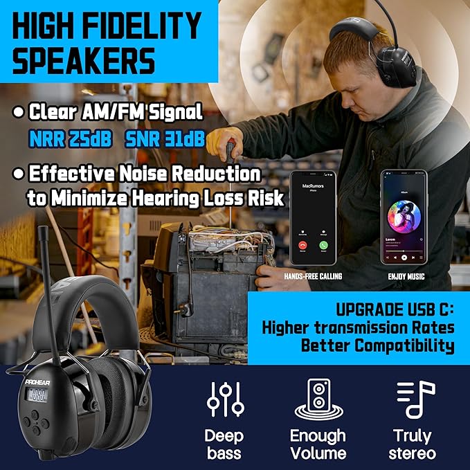 PROHEAR 033 2.0 Bluetooth Hearing Protection Headphones with AM/FM Radio - 31 SNR Noise Reduction Ear Muffs, 50Hrs Rechargeable Battery, 2 Pack for Mowing, Snowblowing, Outdoor Use - Black and Black