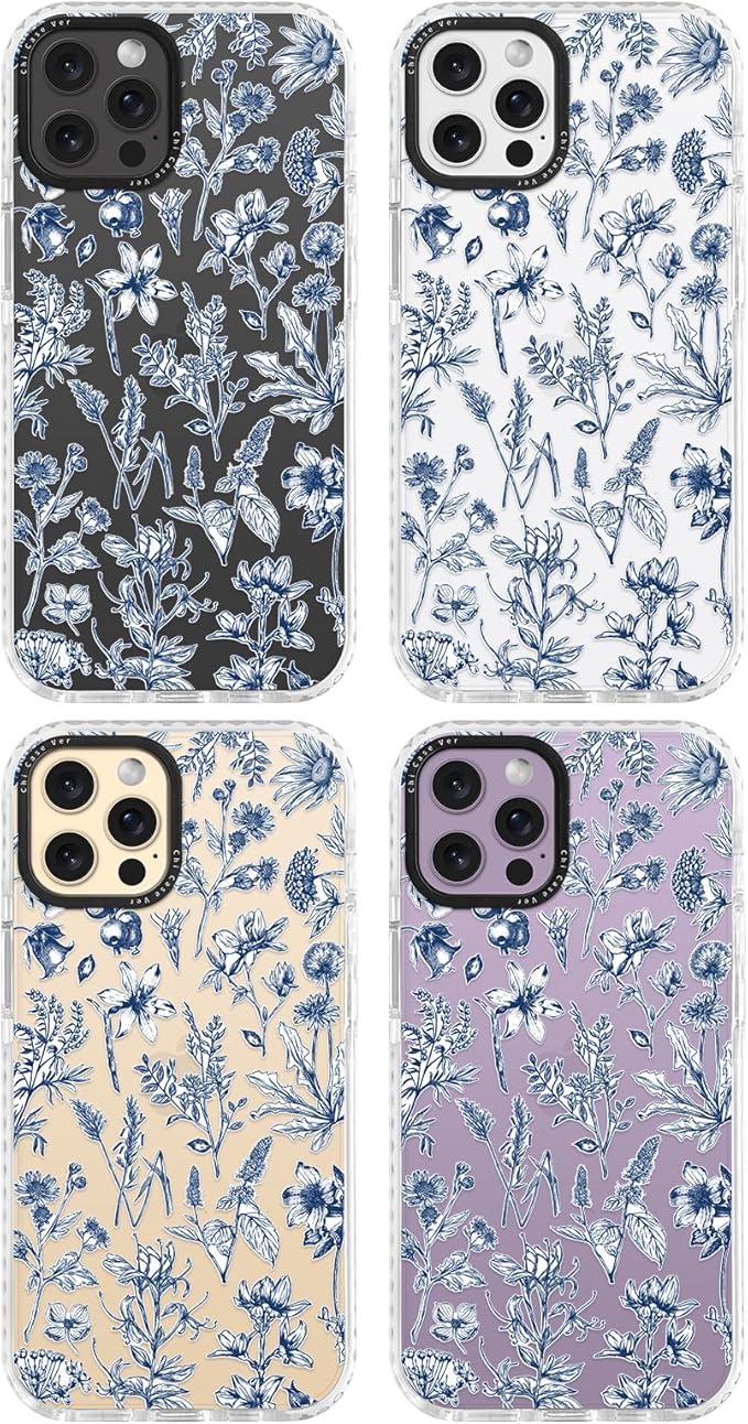for iPhone 14 Pro Case, Vintage Botanical Pattern with Blue Flowers, Military-Grade Drop Protection, Cute Soft Slim TPU Protective Cover with Camera Lens Protection for Women & Girls