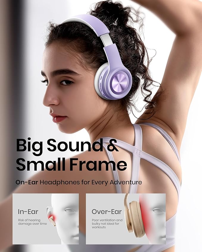 Picun Solo6 Wireless Bluetooth Headphones, 5EQ Music Mode, On-Ear Headphone with Built-in Microphone, Foldable Headset with 140H Battery Life, App Control for Girls, Home, School, Travel (Purple)