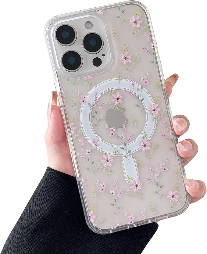 ZTOFERA for iPhone 16 Pro Magnetic Case Compatible with Magsafe,Aesthetic Floral Pattern Design Cute for Girl Women,Anti-Drop Protective Hard Phone Cover for iPhone 16 Pro-Pink Flower