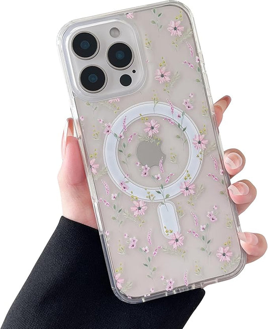 ZTOFERA for iPhone 16 Pro Magnetic Case Compatible with Magsafe,Aesthetic Floral Pattern Design Cute for Girl Women,Anti-Drop Protective Hard Phone Cover for iPhone 16 Pro-Pink Flower