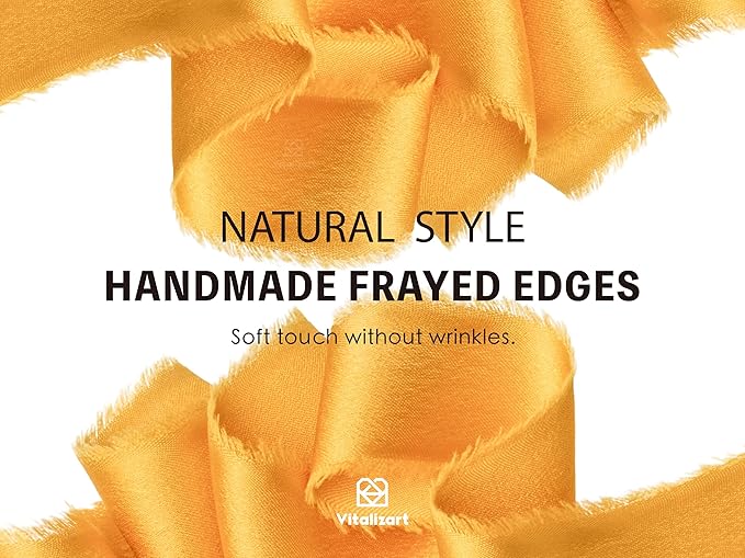 Vitalizart Silk Satin Ribbon 1 inch x 15 Yard Gold Handmade Frayed Ribbons for Gift Wrapping Baby Shower Wedding Bridal Bouquets Holiday Decor