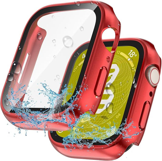 2 in 1 Waterproof Case for Apple Watch Screen Protector 45mm Series 7 8 9 Accessories with Tempered Glass Film Protective & PC Bumper Cover Compatible iWatch 45mm