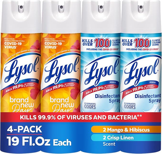 Lysol Disinfectant Spray, Sanitizing and Antibacterial Spray, For Disinfecting and Deodorizing, Mango & Hibiscus and Crisp Linen, 19 Fl. Oz (Pack of 4)