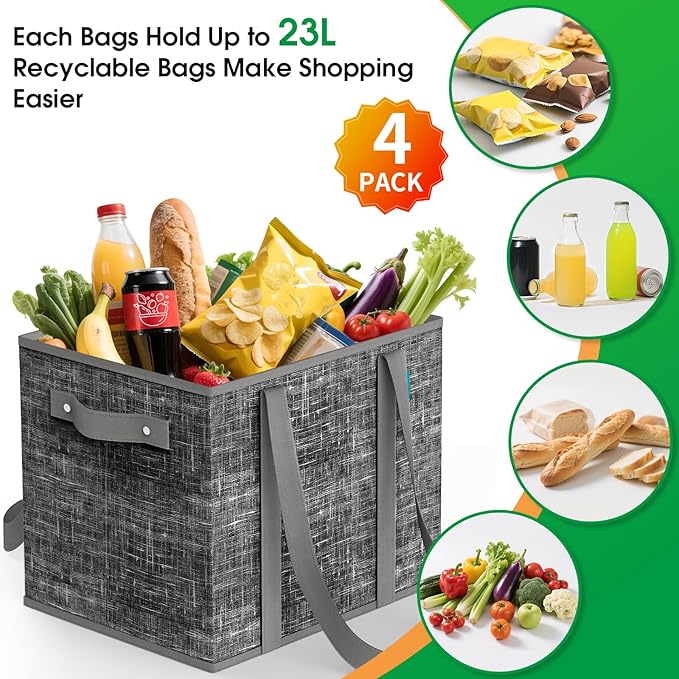 Fab totes Reusable Grocery Bags, Large Foldable Shopping Tote Bags with Reinforced Handles & Hard Bottom,Water Resistant Grocery Bags for kitchen,Picnic,4 Pack,Black