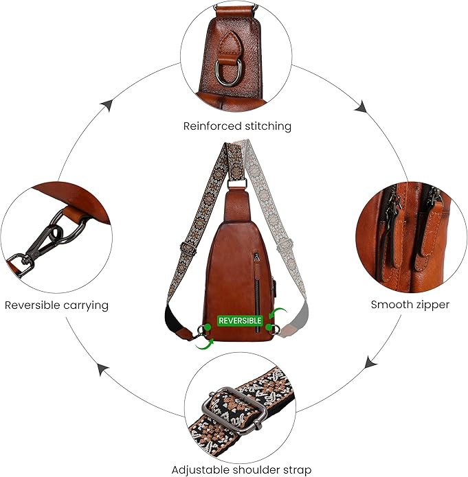 HESHE Leather Sling Bag for Women Crossbody Bags with Multi-Pocket Stylish Fanny Packs for Travel Chest Bag