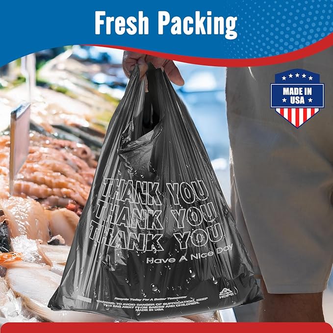 Fuxury 500 Count - Thank You Plastic Tshirt Bags Black (11.5" x 6.5" x 21"), T-shirt, Grocery, Take Out, To Go, Retail Shopping Bags in Bulk for Small Business