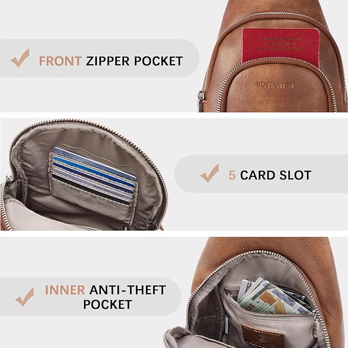 BOSTANTEN Sling Bag for Women Leather Crossbody Bag Vintage Cross Body Purse for Travel with Guitar Strap, Bohemian Style