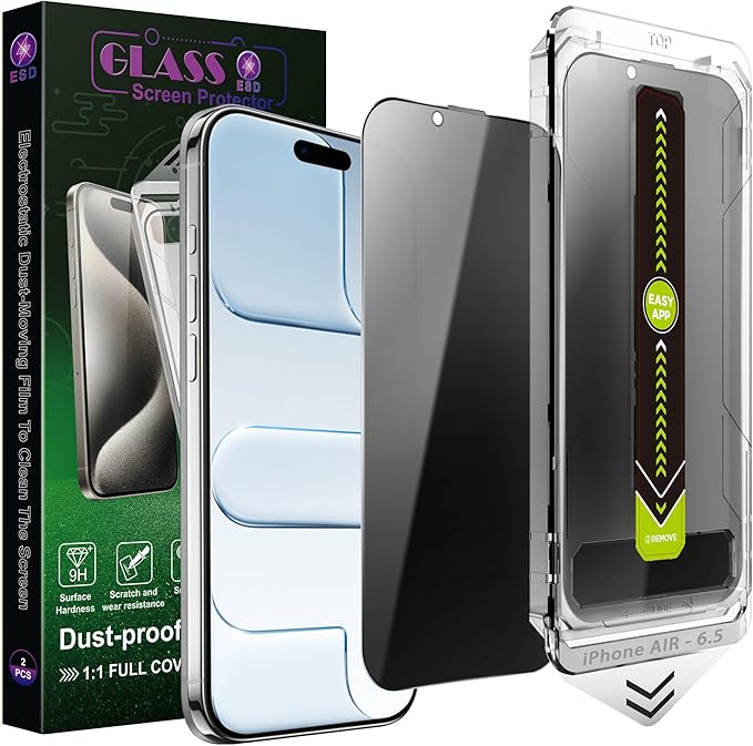2 Pack Anti-Spy Privacy Screen Protector for iPhone Air (6.5-Inch),9H Tempered Glass,Full Coverage,Anti-Fingerprint,Auto Dust Removal,Bubble-Free,Easy Installation