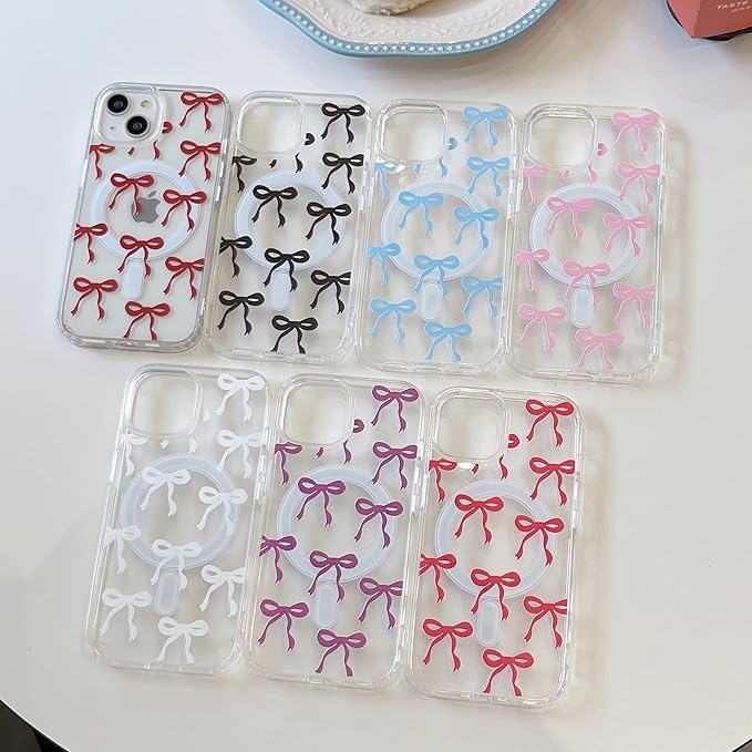 UEEBAI Magnetic for iPhone 13 Pro Max Case, Burgundy Bow Case Compatible with MagSafe, Wireless Slim Clear Ribbon Phone Cover Anti-Yellowing Shockproof Protective Cover for Women Girl - Burgundy