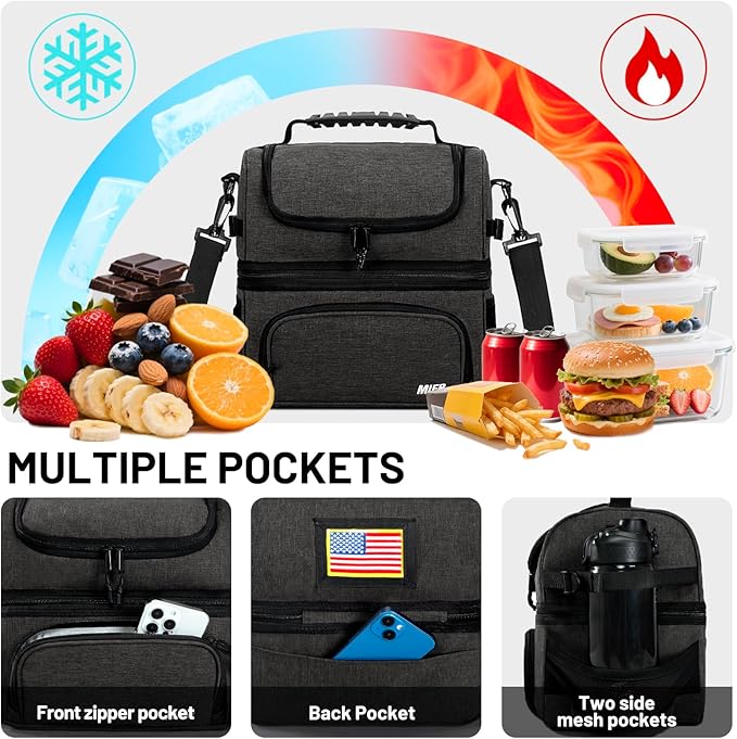 MIER Dual Compartment Lunch Bag Tote with Shoulder Strap for Men and Women Insulated Leakproof Cooler Bag, Dark Grey