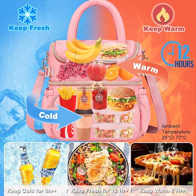 Weitars Lunch Bag for Women Men,Double Deck Lunch Box for Women,Quilted Lunch Tote for Work,Insulated Lunch Cooler Leakproof Lunchbox for Adult with Shoulder Strap &Pockets for Picnic Hiking (Pink)