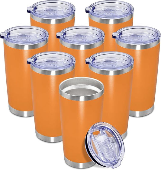 20 oz Tumbler Coffee Tavel Tumblers Bulk with Lid Stainless Steel Double Wall Vacuum Insulated Mug Powder Coated Cups fit Car Cupholder for Hot and Cold - Orange, 8Pack