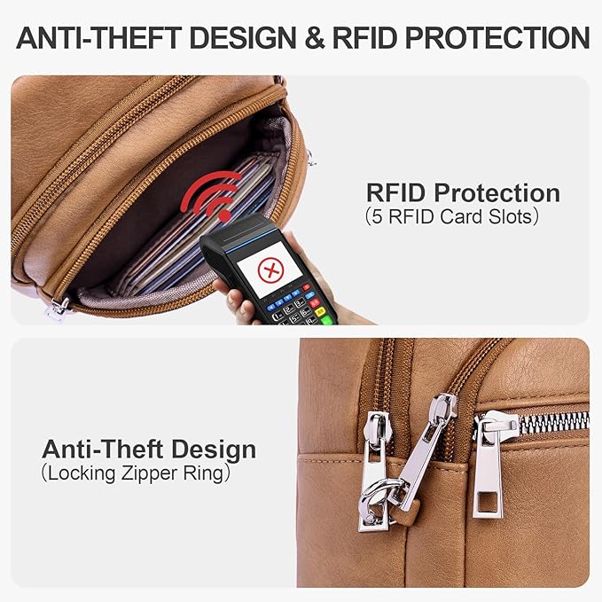 Anti Theft Crossbody Bags for Women Travel Chest Sling Bag Leather RFID Purse Fanny Pack Camel