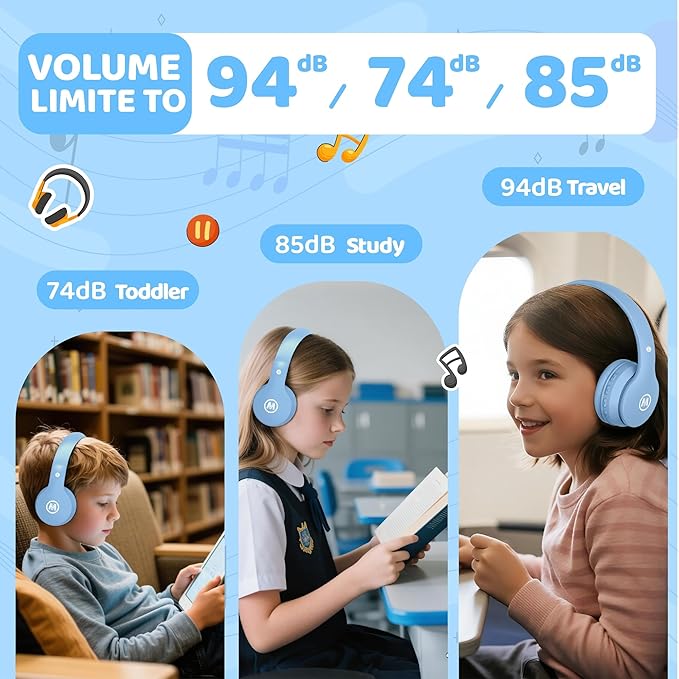 Headphones Kids Bluetooth 5.4 Wireless Play Time 68H Safe Volume Limit 85/94dB Over-Ear Foldable Headset,Fast Charging,with Aux Cord Built-in Mic for Toddler Child Pad Study Tablet Blue
