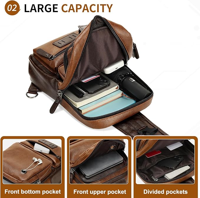 Vintage PU Leather Sling Backpack for Men, Crossbody Bag, Adjustable Shoulder Strap, Compact Backpack for Travel, Daily Use, and Gift, Light Brown