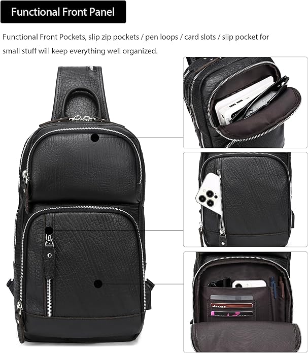 LANNSYNE Full Grain Leather Sling Bag For Men Crossbody Chest Daypack fits 10.5" iPad