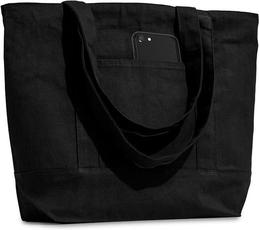 Carrywell |Not Made in China| Cotton Tote Bags, Reusable Grocery Shopping Bag with Zipper Closure and Front Pocket, Heavy Duty Organic Cloth w/Handles