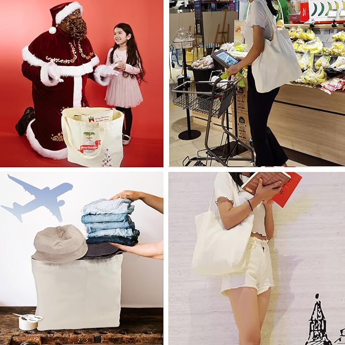 Koolmox Canvas Tote Bags with Zipper, 6-Pack 17x14'' Cotton Tote Bag with Flat Bottom, Reusable Washable Grocery Shopping Bags Plain Totes for Women DIY Art Crafts Painting Embroidery Decoration