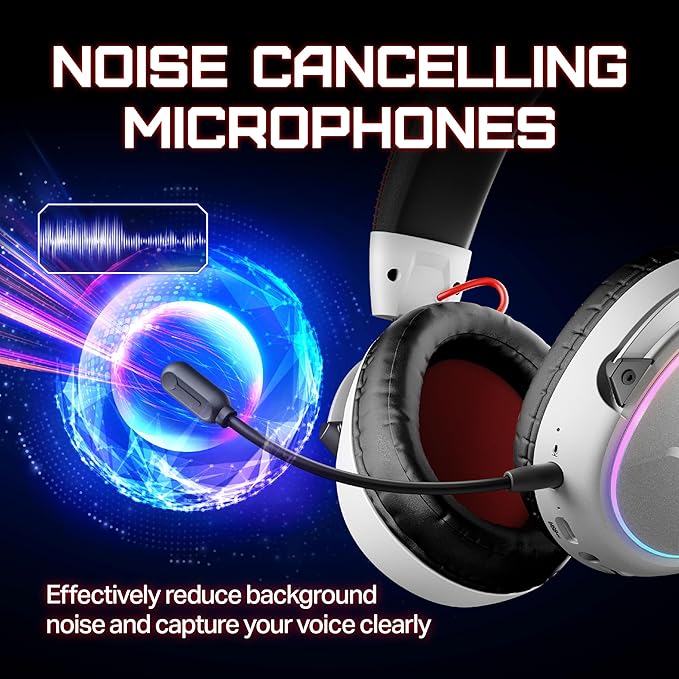 OXS Storm G2 Wireless Gaming Headsets, 7.1 Virtual Surround Sound, 3 EQ Modes, 2.4G Low Latency, 50mm Driver, 40H Playtime, RGB Light, Bluetooth 5.3, Compatible with PC, Console, Mobile, White