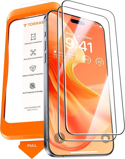 TORRAS Military-Grade Screen Protector for iPhone 15 Pro Max [9H+ Aerospace Tempered Glass＆12FT Shatterproof ] One-Step Installation Full Coverage Fit Bubble Free Top-Notch Protection, 2 Pack