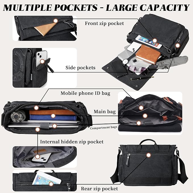 FSD.WG Satchel Messenger Bag for Men Canvas,Travel Shoulder bag 13.5" Laptop Bags