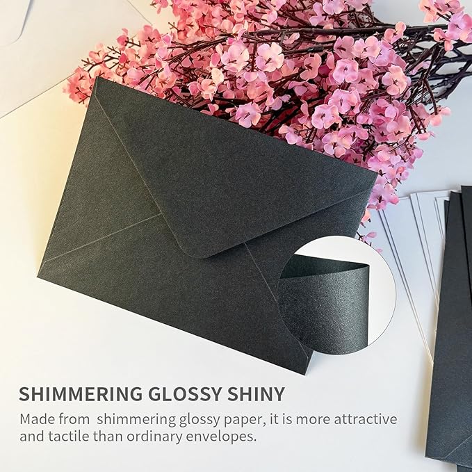 YINUOYOUJIA 50 PCS Pearl Black Envelopes A7,5 x 7 Black Shimmer Envelopes for Invitation,Perfect for Wedding Invitation Cards,Birthday RSVP Invite,5.25 x 7.25 inches