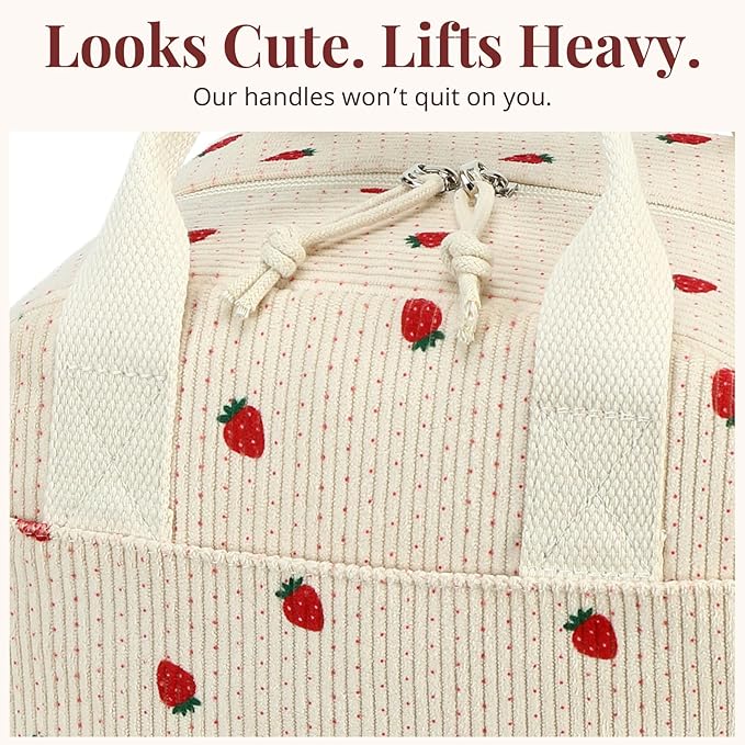 Insulated Strawberry Lunch Bag for Women, Stylish Corduroy Tote with Aluminum Lining, Large Capacity Reusable Cooler for Work, Travel, Beach or Picnic, Beige Cream Water-Resistant Lunch Box