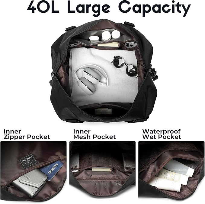 SUNNY BIRD Duffel with Utility Pouch, 40L Weekender Overnight Bag with Shoe Compartment for Travel and Sports (Black)