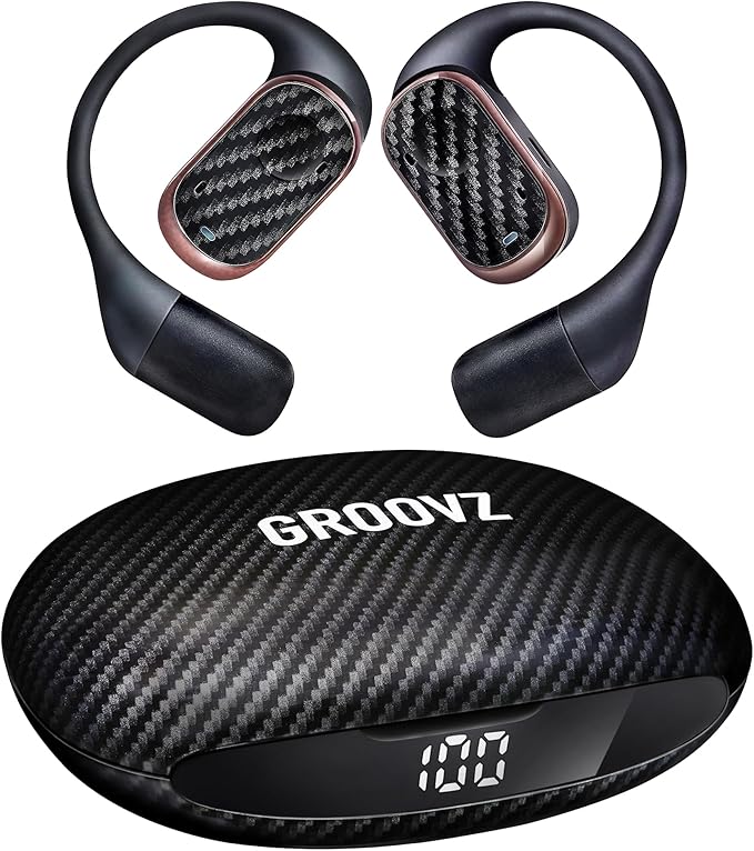 Groovz Open-Ear True Wireless Headphones with Smart Battery Display - Designed and Engineered in The USA - IPX5-Rated Bluetooth Open Ear Earbuds Compatible with Apple & Android - Carbon Fiber