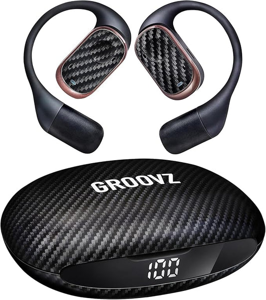 Groovz Open-Ear True Wireless Headphones with Smart Battery Display - Designed and Engineered in The USA - IPX5-Rated Bluetooth Open Ear Earbuds Compatible with Apple & Android - Carbon Fiber