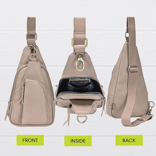 Antik Kraft Tasha Crossbody Sling (Taupe) | Vegan Leather Crossbody Bag for Women with 16-20" Strap | Sling Bags for Women with Durable Antique Brass Hardware | 7in x 2.5in x 12.5in |