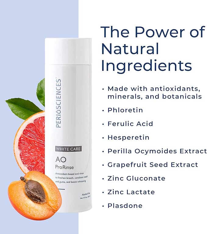 PerioSciences AO ProRinse White Care Whitening Mouthwash with Essential Oils and Antioxidants - Alcohol Free Mouthwash for Post-Whitening Enamel Protection, 10 fl oz/300ml Pack of 2