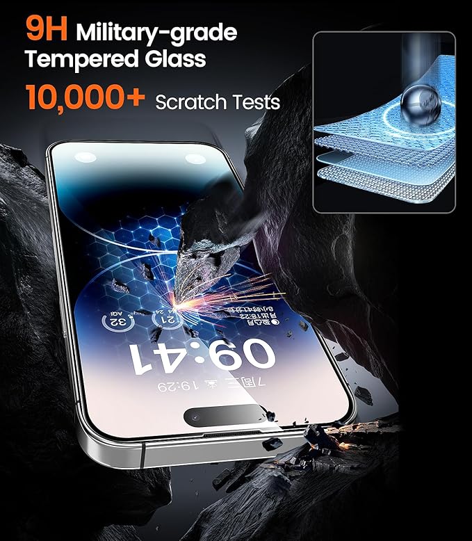 iGluz 4 Pack for iPhone 14 Pro Screen Protector with 2-Pack Camera Lens Protector[99.99%HD Clear][9H Tempered Glass][Bubble Free][Easy Installation][Smooth Touch][Anti-fingerprint],4+2 Dual Protection
