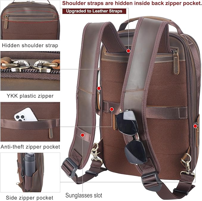 Masa Kawa Leather 15.6" Laptop Backpack for Men Convertible Briefcase Backpacks Expandable Vintage Business Work Travel Rucksack Daypack, Light Brown