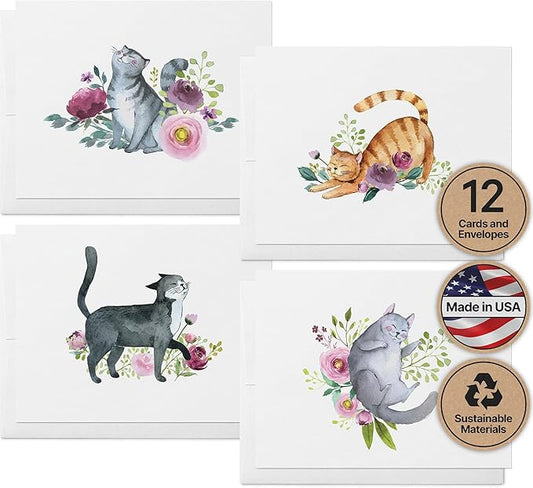 Twigs Paper - Assorted Cat Greeting Cards - Stationery Cards with Envelopes - Thank You Card - Blank Note Cards - Greeting Cards for All Occasions - Made in USA (5.5 x 4.25, Set of 12)