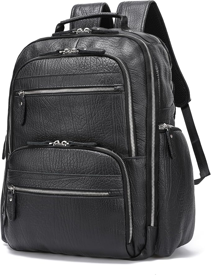 LANNSYNE Men Vinatge Full Grain Leather Backpack Fits 17.3" Laptop, Travel Overnight Daypacks - Black