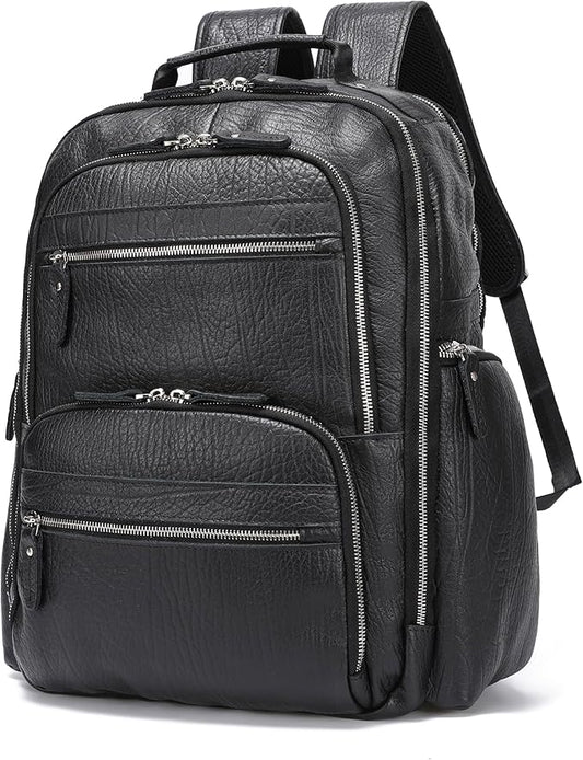 LANNSYNE Men Vinatge Full Grain Leather Backpack Fits 17.3" Laptop, Travel Overnight Daypacks - Black
