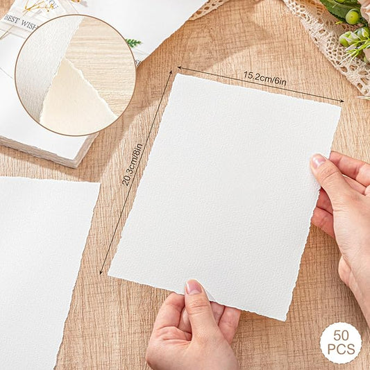 50 Sheets Watercolor Paper 6 x 8inch, 160 GSM Deckled Edge Paper Rough/Textured Handmade Paper for Wedding Invitations, Cards, Crafts