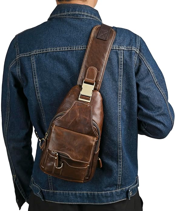 Genuine Leather Hiking Travel DayPack Sling Crossbody Triangle Chest Pack Bag For Men Women 8241