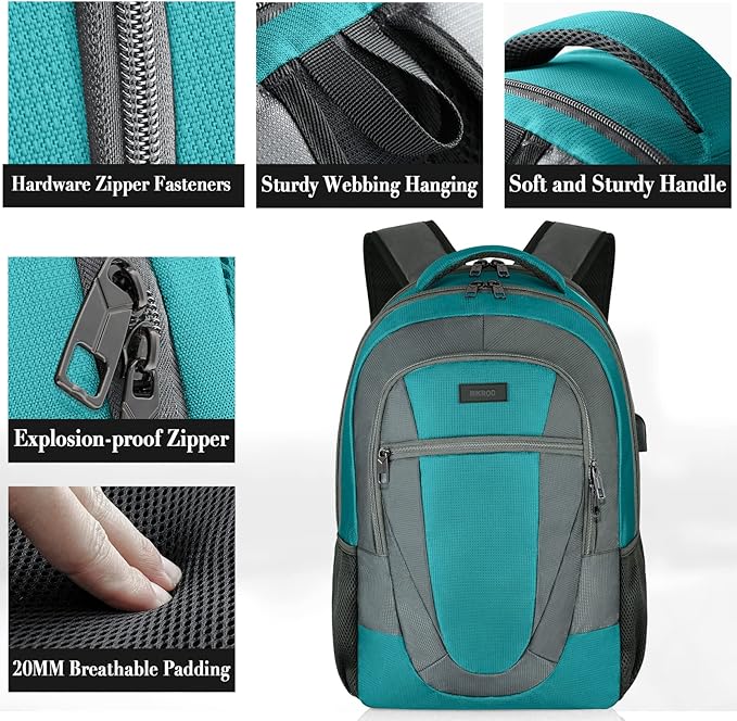BIKROD Teal Backpack for Woman and Men, Travel Laptop School Backpack for Teens with USB Charging, Waterproof College Back Pack for 17.3 IN Laptop Backpack, Adult Business Computer Travel Backpack,