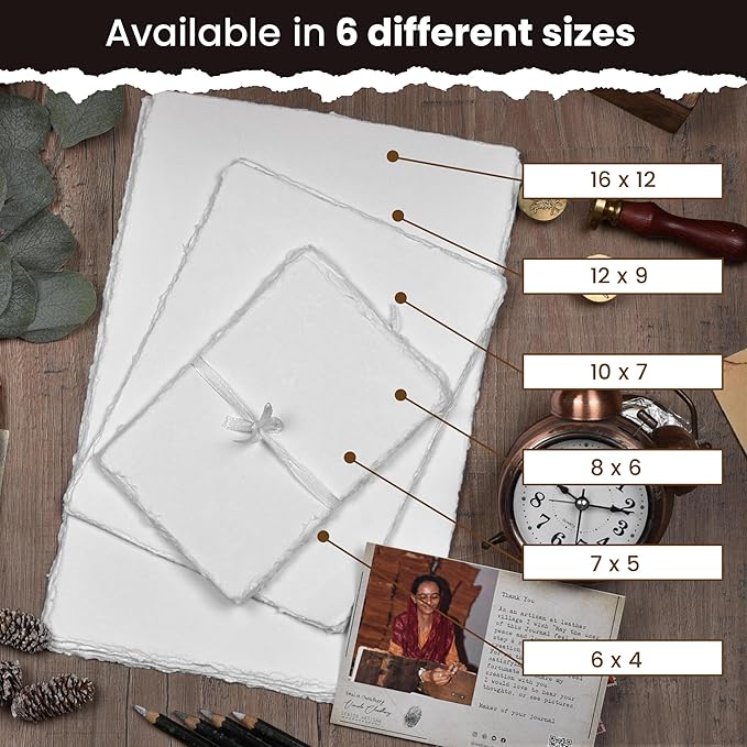 LEATHER VILLAGE Watercolor Paper - Off White - 9.5 X 12 inches, 50 Sheets - Mixed Media Watercolor Paper - 150 GSM Thick Deckle Edge Virgin Cotton Handmade Paper - Off White