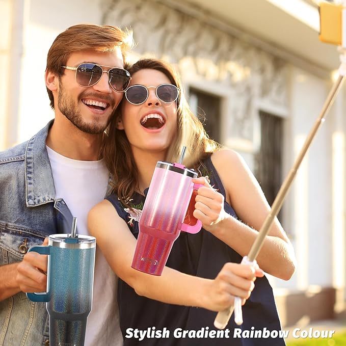 30 oz Shiny Tumbler with Handle and Straw,Stainless Steel Tumbler with Lid and Straw,Insulated Travel Mug(Cold for 34 Hours),Water Bottle for Iced Tea,Coffee (Red)