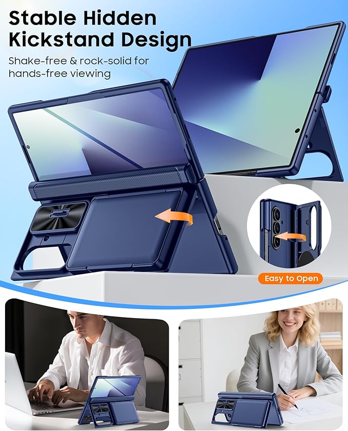 CENMASO for Samsung Galaxy Z Fold 7 Case with Card Holder [RFID Blocking] Camera Cover, Hinge Protection, Hidden Kickstand, Screen Protector, Slim Shockproof Phone Case for Galaxy Z Fold 7-Blue